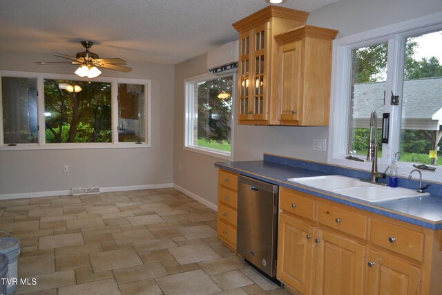 290 Kinchloe Mill Rd, Jonesborough, TN 37659 - kitchen featuring dishwasher, a sink, a wall mounted AC, ceiling fan, and plenty of natural light