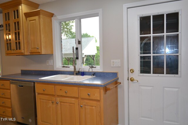 290 Kinchloe Mill Rd, Jonesborough, TN 37659 - kitchen with dishwasher, dark countertops, a sink, and glass insert cabinets