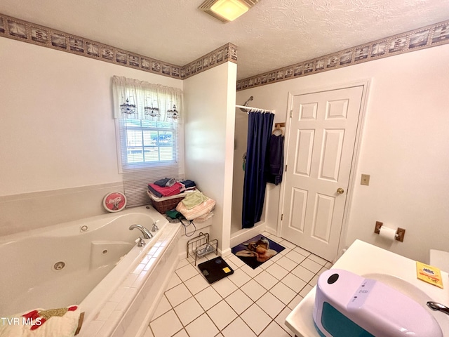 357 Martin St, Jonesville, VA 24263 - bathroom featuring a tub with jets, tile patterned floors, a shower with shower curtain, and a textured ceiling