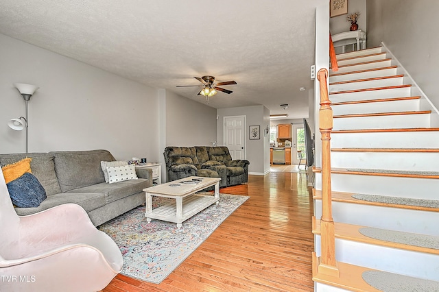 220 Amanda Ln Unit 2, Bristol, TN 37620 - living room featuring stairway, light wood finished floors, ceiling fan, a textured ceiling, and baseboards