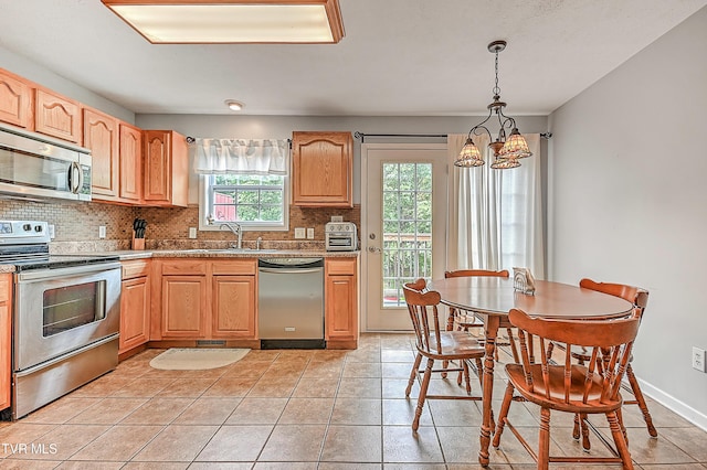 220 Amanda Ln Unit 2, Bristol, TN 37620 - kitchen with appliances with stainless steel finishes, a sink, backsplash, and a chandelier