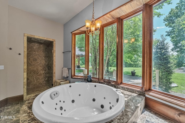 18549 Landridge Way, Abingdon, VA 24211 - bathroom featuring a shower stall, a whirlpool tub, and a chandelier