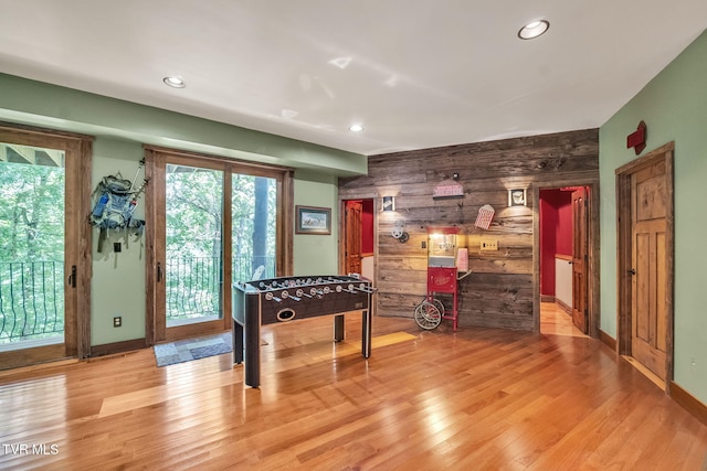 18549 Landridge Way, Abingdon, VA 24211 - playroom featuring wood walls, wood finished floors, recessed lighting, an accent wall, and baseboards