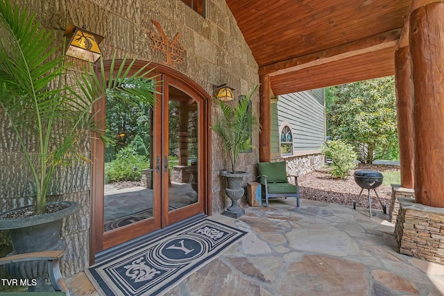 18549 Landridge Way, Abingdon, VA 24211 - view of exterior entry featuring french doors, a patio area, and stone siding