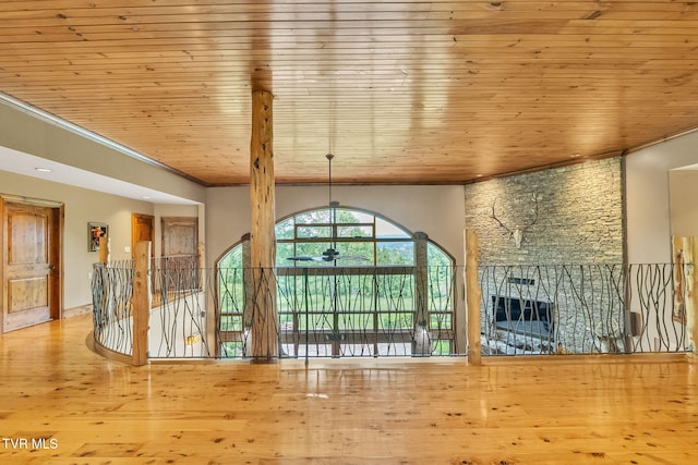 18549 Landridge Way, Abingdon, VA 24211 - unfurnished living room featuring wood ceiling, crown molding, a ceiling fan, wood finished floors, and a fireplace