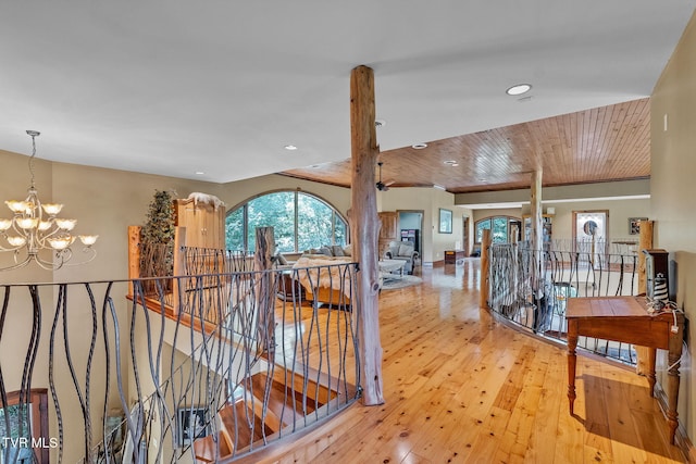 18549 Landridge Way, Abingdon, VA 24211 - corridor with an upstairs landing, light wood-type flooring, a chandelier, recessed lighting, and wood ceiling