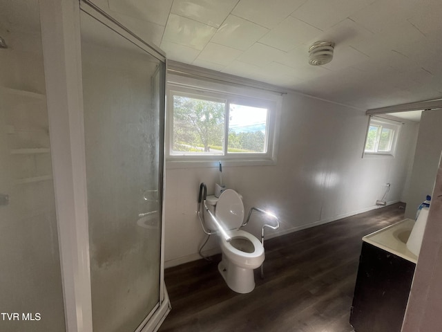 11352 Frederick Rd, Coeburn, VA 24230 - full bathroom featuring wood finished floors, a stall shower, toilet, and plenty of natural light