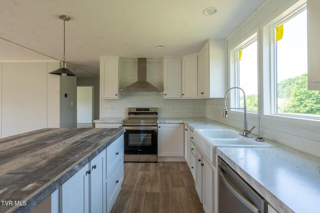 385 Piney Grove Rd, Greeneville, TN 37743 - kitchen with wall chimney exhaust hood, stainless steel appliances, a sink, white cabinetry, and recessed lighting