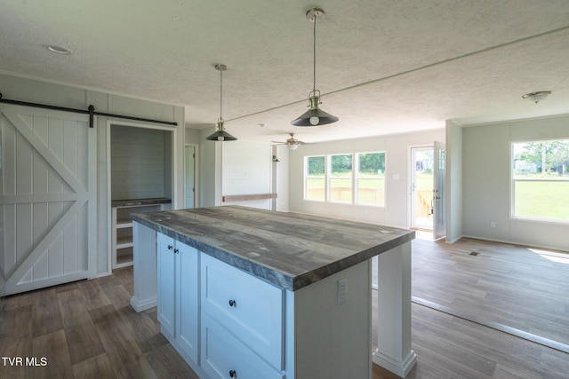 385 Piney Grove Rd, Greeneville, TN 37743 - kitchen with open floor plan, a barn door, a kitchen island, dark wood-type flooring, and a textured ceiling