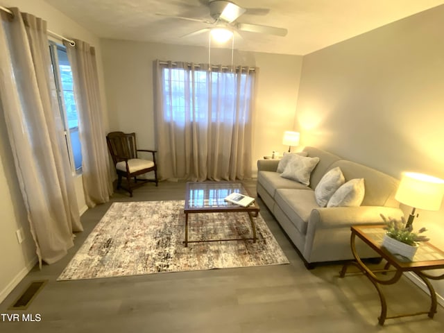 202 Locust St, Greeneville, TN 37745 - living area featuring a ceiling fan, baseboards, and wood finished floors