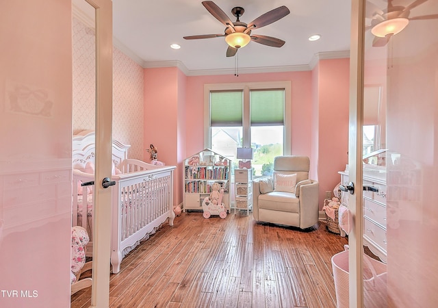 133 Christopher Way, Blountville, TN 37617 - bedroom featuring ornamental molding, hardwood / wood-style flooring, recessed lighting, baseboards, and wallpapered walls