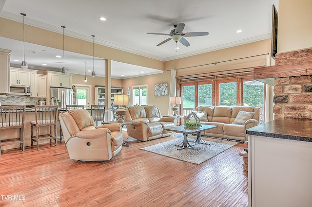 133 Christopher Way, Blountville, TN 37617 - living room with ceiling fan, light wood-style floors, ornamental molding, and recessed lighting