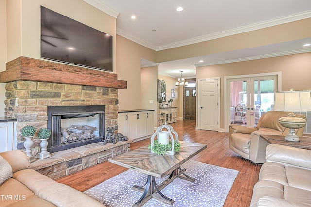 133 Christopher Way, Blountville, TN 37617 - living room with ornamental molding, a fireplace, light wood-style floors, french doors, and recessed lighting