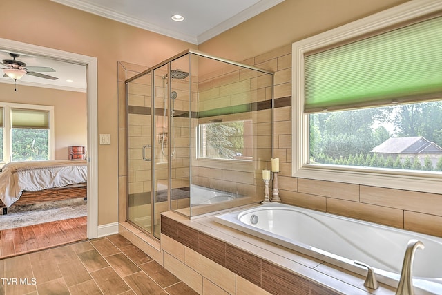 133 Christopher Way, Blountville, TN 37617 - bathroom with a bath, a shower stall, ensuite bath, crown molding, and a ceiling fan