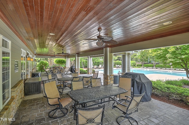 133 Christopher Way, Blountville, TN 37617 - view of patio / terrace featuring ceiling fan, an outdoor pool, a grill, and outdoor dining area