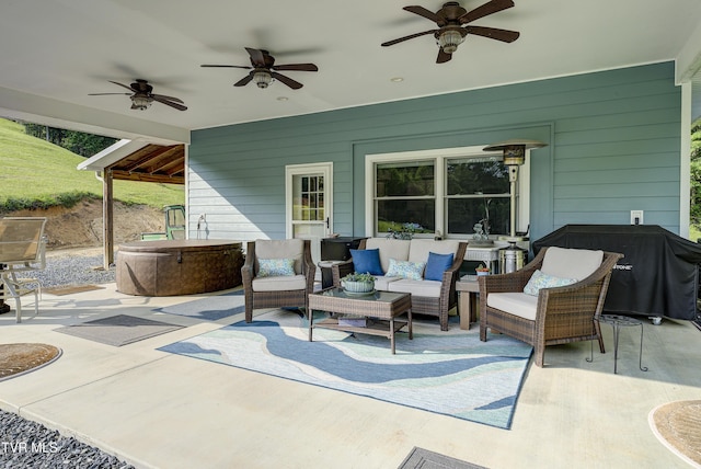 111 Jd Whitehead Rd, Roan Mountain, TN 37687 - view of patio featuring a hot tub, a ceiling fan, an outdoor hangout area, and area for grilling