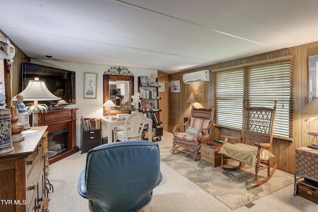 111 Jd Whitehead Rd, Roan Mountain, TN 37687 - living area with wood walls, a wall mounted AC, carpet, and a fireplace