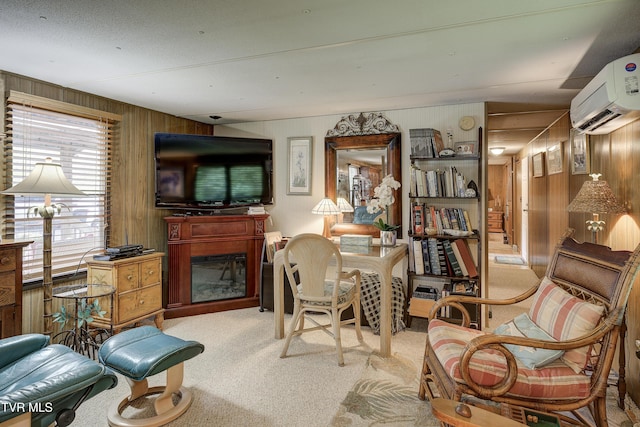 111 Jd Whitehead Rd, Roan Mountain, TN 37687 - office featuring carpet floors, an AC wall unit, wood walls, and a fireplace