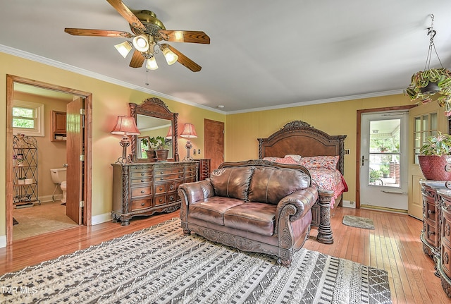 24483 Cave Creek Rd, Abingdon, VA 24211 - bedroom with light wood finished floors, ornamental molding, ensuite bath, baseboards, and a ceiling fan