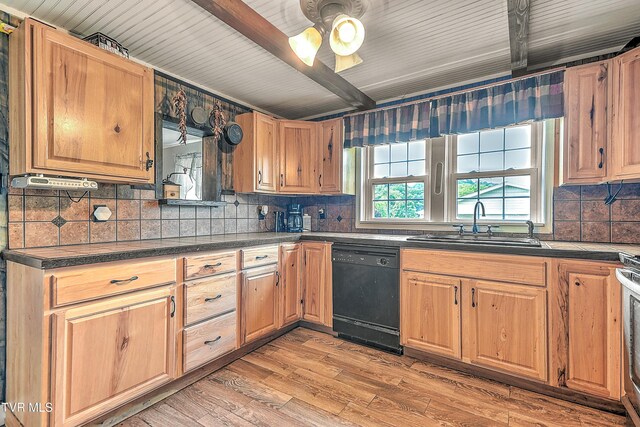 12350 Reedy Creek Rd, Bristol, VA 24202 - kitchen with dishwasher, a sink, dark countertops, decorative backsplash, and light wood-style floors