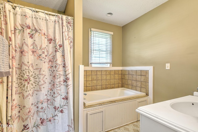 12350 Reedy Creek Rd, Bristol, VA 24202 - bathroom with a garden tub, vanity, a textured ceiling, and curtained shower