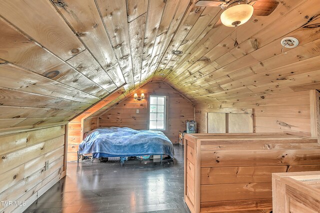 12350 Reedy Creek Rd, Bristol, VA 24202 - bedroom featuring wooden walls, wooden ceiling, vaulted ceiling, and wood-type flooring