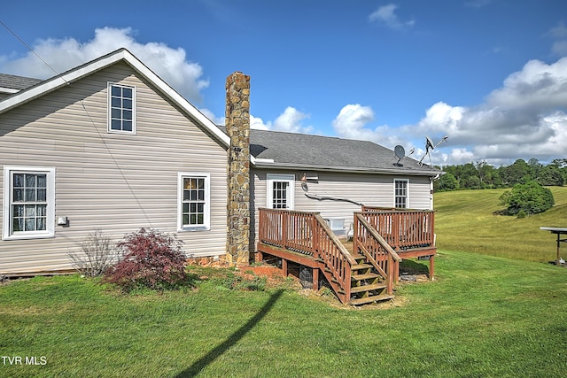 12350 Reedy Creek Rd, Bristol, VA 24202 - rear view of property featuring a deck, a lawn, a chimney, and roof with shingles