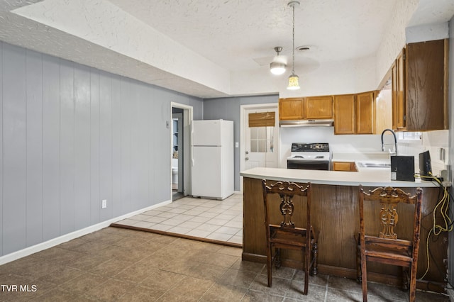 115 W Poplar St, Johnson City, TN 37604 - kitchen with white appliances, under cabinet range hood, a sink, a textured ceiling, and a peninsula