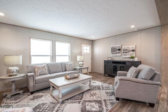 913 Henry Harr Rd, Blountville, TN 37617 - living room featuring wood finished floors, a textured ceiling, a decorative wall, and recessed lighting