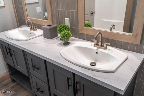 913 Henry Harr Rd, Blountville, TN 37617 - full bath featuring double vanity, decorative backsplash, and wood finished floors