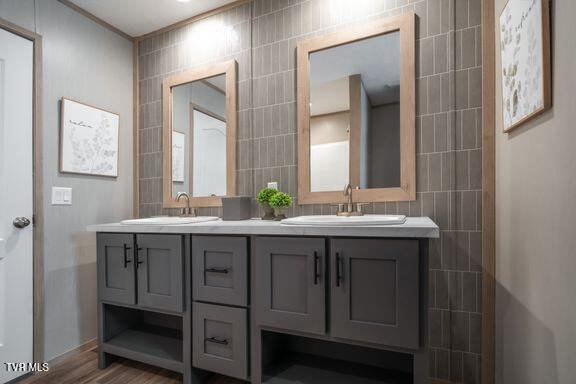 913 Henry Harr Rd, Blountville, TN 37617 - bathroom featuring double vanity, tile walls, and wood finished floors