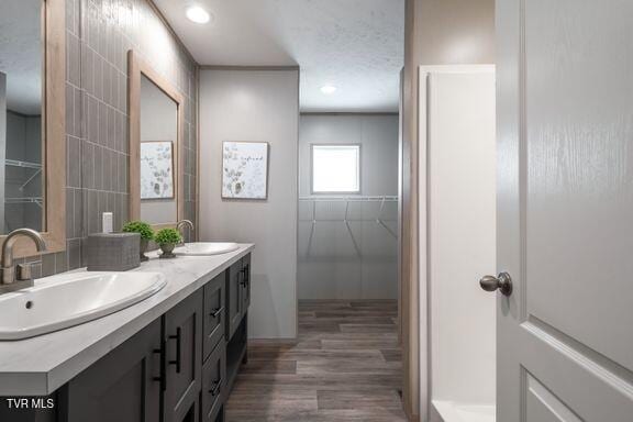 913 Henry Harr Rd, Blountville, TN 37617 - full bathroom featuring wood finished floors, double vanity, recessed lighting, and a walk in closet