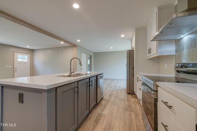 913 Henry Harr Rd, Blountville, TN 37617 - kitchen featuring appliances with stainless steel finishes, wall chimney range hood, gray cabinets, a sink, and a kitchen island with sink