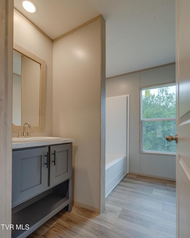 913 Henry Harr Rd, Blountville, TN 37617 - bathroom featuring vanity, wood finished floors, a bath, baseboards, and crown molding