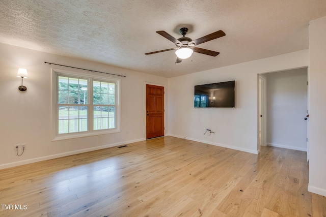 319 Woodland Rd, Jonesborough, TN 37659 - unfurnished living room featuring a ceiling fan, a textured ceiling, light wood-style flooring, and baseboards