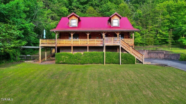 209 Brystone Dr, Gray, TN 37615 - view of front of home featuring metal roof, a view of trees, covered porch, and stairs