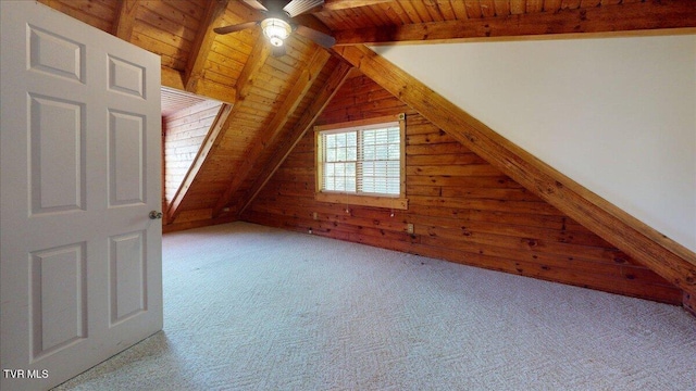 209 Brystone Dr, Gray, TN 37615 - additional living space with wooden ceiling, ceiling fan, wooden walls, and light colored carpet