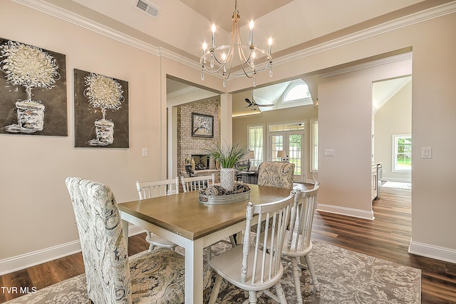 302 Charlton Ct, Bluff City, TN 37618 - dining area with a chandelier, dark wood-type flooring, baseboards, french doors, and ornamental molding