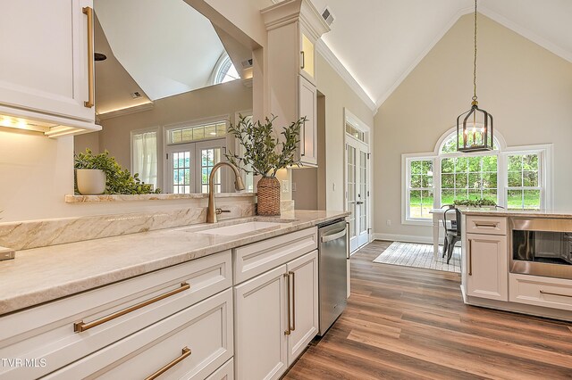 302 Charlton Ct, Bluff City, TN 37618 - kitchen with french doors, dishwasher, a sink, high vaulted ceiling, and pendant lighting