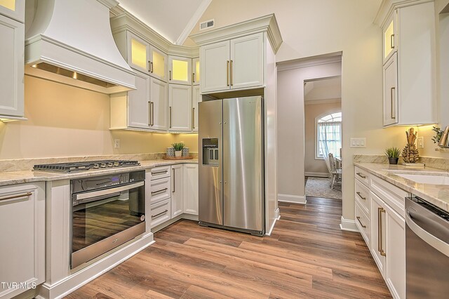 302 Charlton Ct, Bluff City, TN 37618 - kitchen featuring stainless steel appliances, custom exhaust hood, a sink, wood finished floors, and crown molding