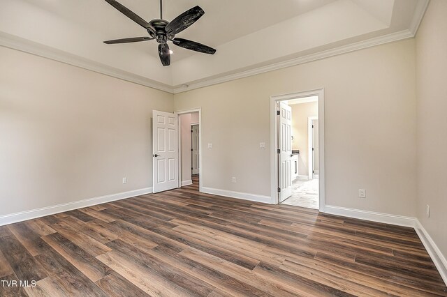 302 Charlton Ct, Bluff City, TN 37618 - unfurnished bedroom with dark wood finished floors, baseboards, ornamental molding, and ceiling fan