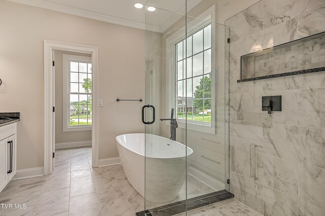 302 Charlton Ct, Bluff City, TN 37618 - full bath featuring a freestanding tub, crown molding, a stall shower, marble look tile flooring, and baseboards