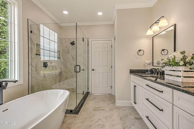 302 Charlton Ct, Bluff City, TN 37618 - bathroom featuring a soaking tub, vanity, crown molding, a shower stall, and marble finish flooring