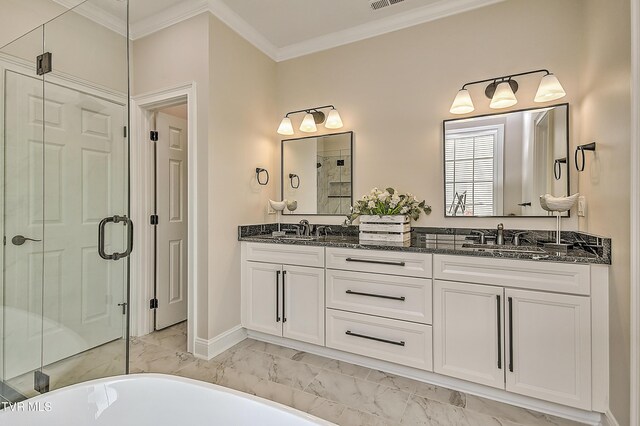302 Charlton Ct, Bluff City, TN 37618 - bathroom featuring marble finish floors, a shower stall, double vanity, a bathtub, and crown molding
