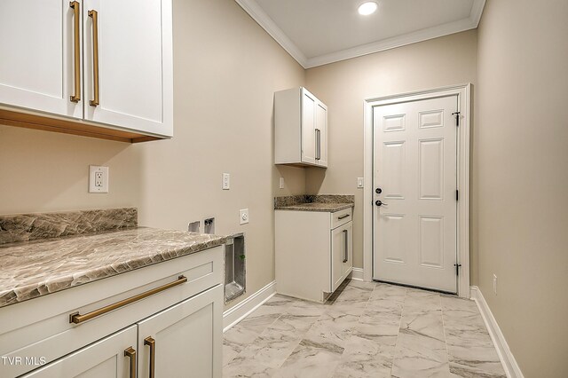302 Charlton Ct, Bluff City, TN 37618 - laundry area featuring cabinet space, crown molding, light marble finish floors, baseboards, and recessed lighting