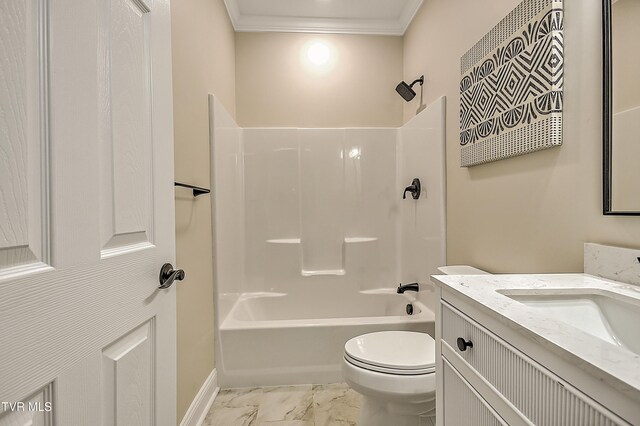 302 Charlton Ct, Bluff City, TN 37618 - bathroom with marble finish floors, vanity, toilet, ornamental molding, and  shower combination