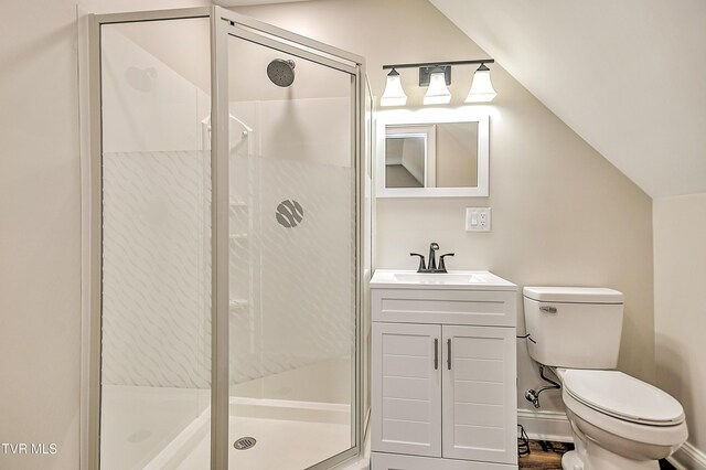 302 Charlton Ct, Bluff City, TN 37618 - full bath featuring toilet, a stall shower, vanity, and lofted ceiling