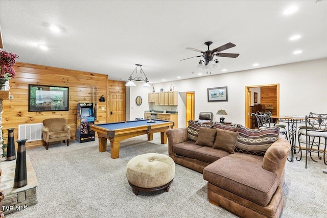 2213 Woodcock Trl, Sevierville, TN 37876 - rec room with light colored carpet, pool table, recessed lighting, wooden walls, and a ceiling fan