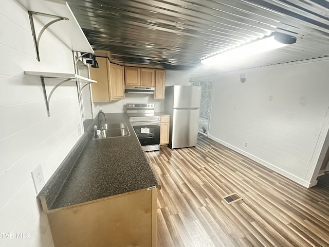 11510 Dogwood Ln, Pound, VA 24279 - kitchen featuring stainless steel appliances, a sink, under cabinet range hood, dark countertops, and light wood-style floors