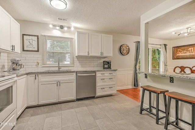 118 Greenmeadow Ln, Jonesborough, TN 37659 - kitchen with stainless steel dishwasher, a sink, a kitchen bar, a textured ceiling, and plenty of natural light